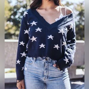 Wild Honey Navy Blue & White All Over Star Embroidered Distressed V-Neck Sweater